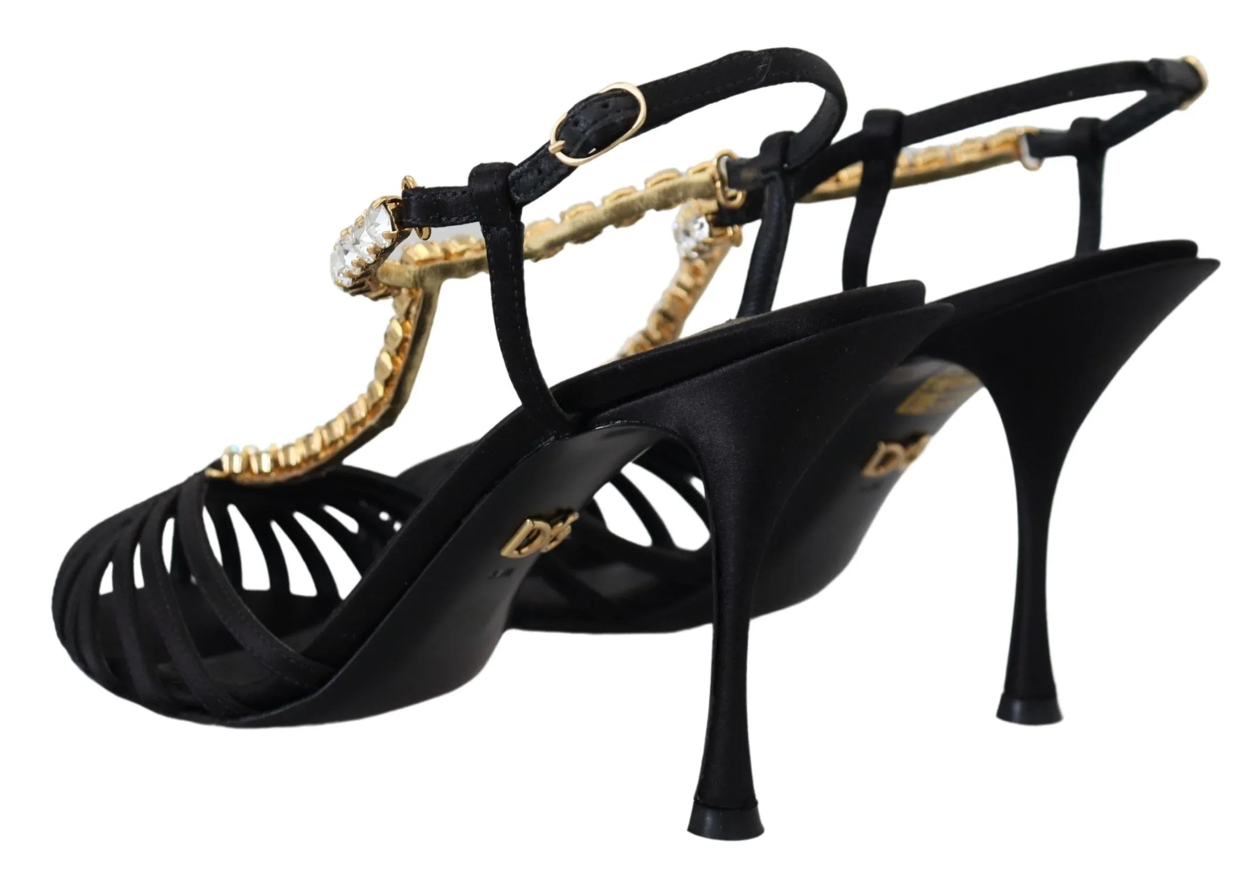 Dolce & Gabbana Black Satin Clear Crystal T-strap Sandal Shoes - Zeiniez