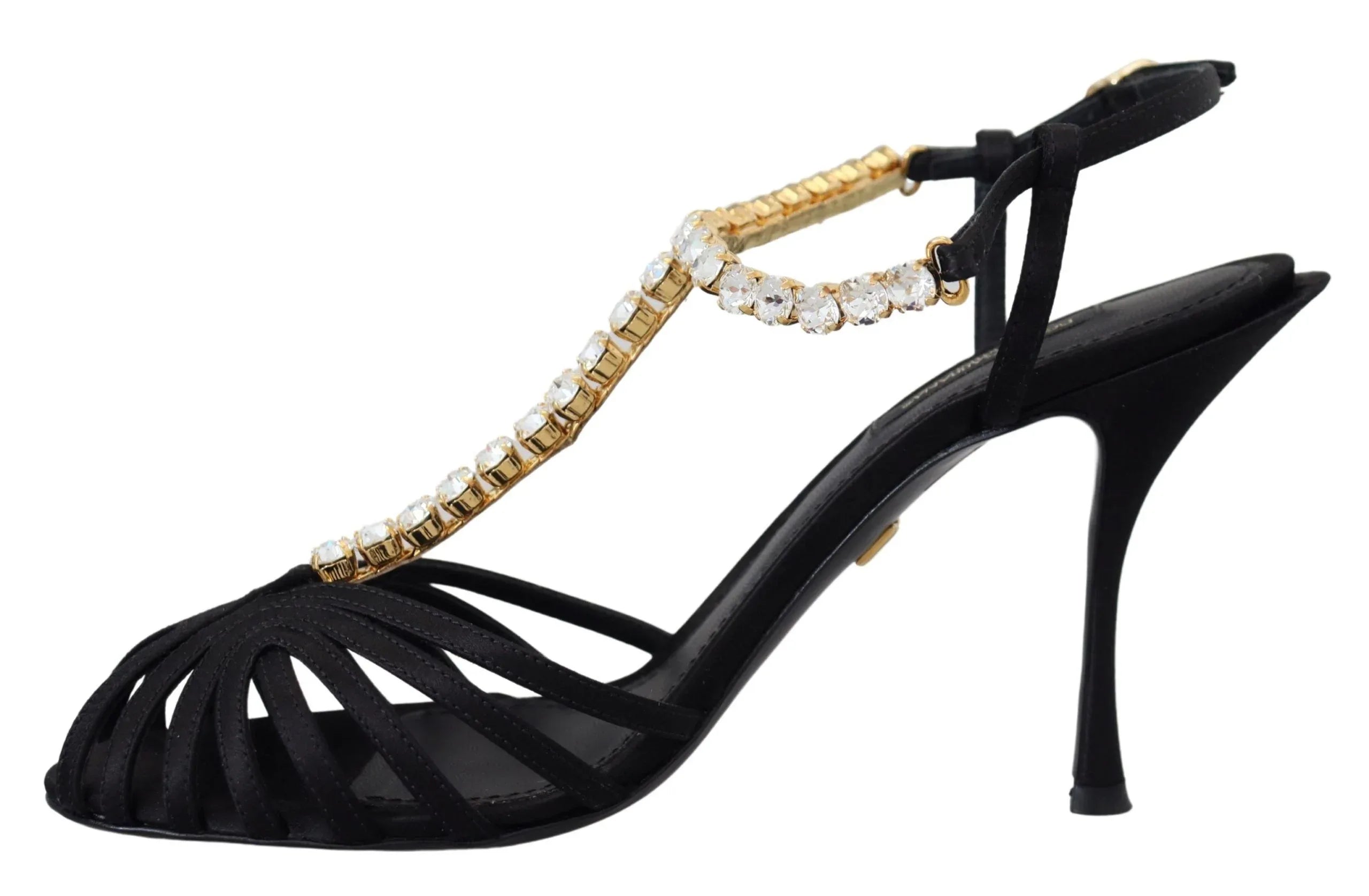 Dolce & Gabbana Black Satin Clear Crystal T-strap Sandal Shoes - Zeiniez