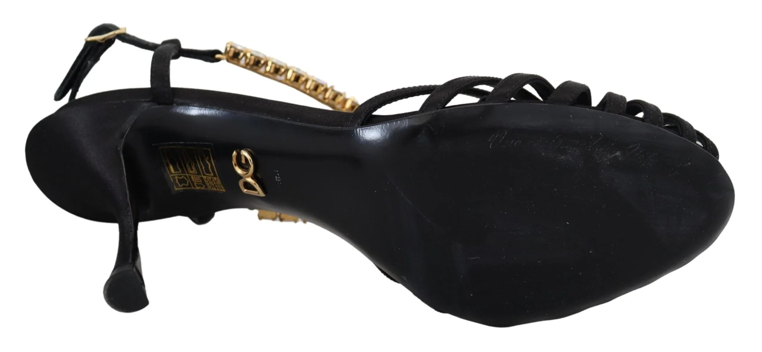 Dolce & Gabbana Black Satin Clear Crystal T-strap Sandal Shoes - Zeiniez