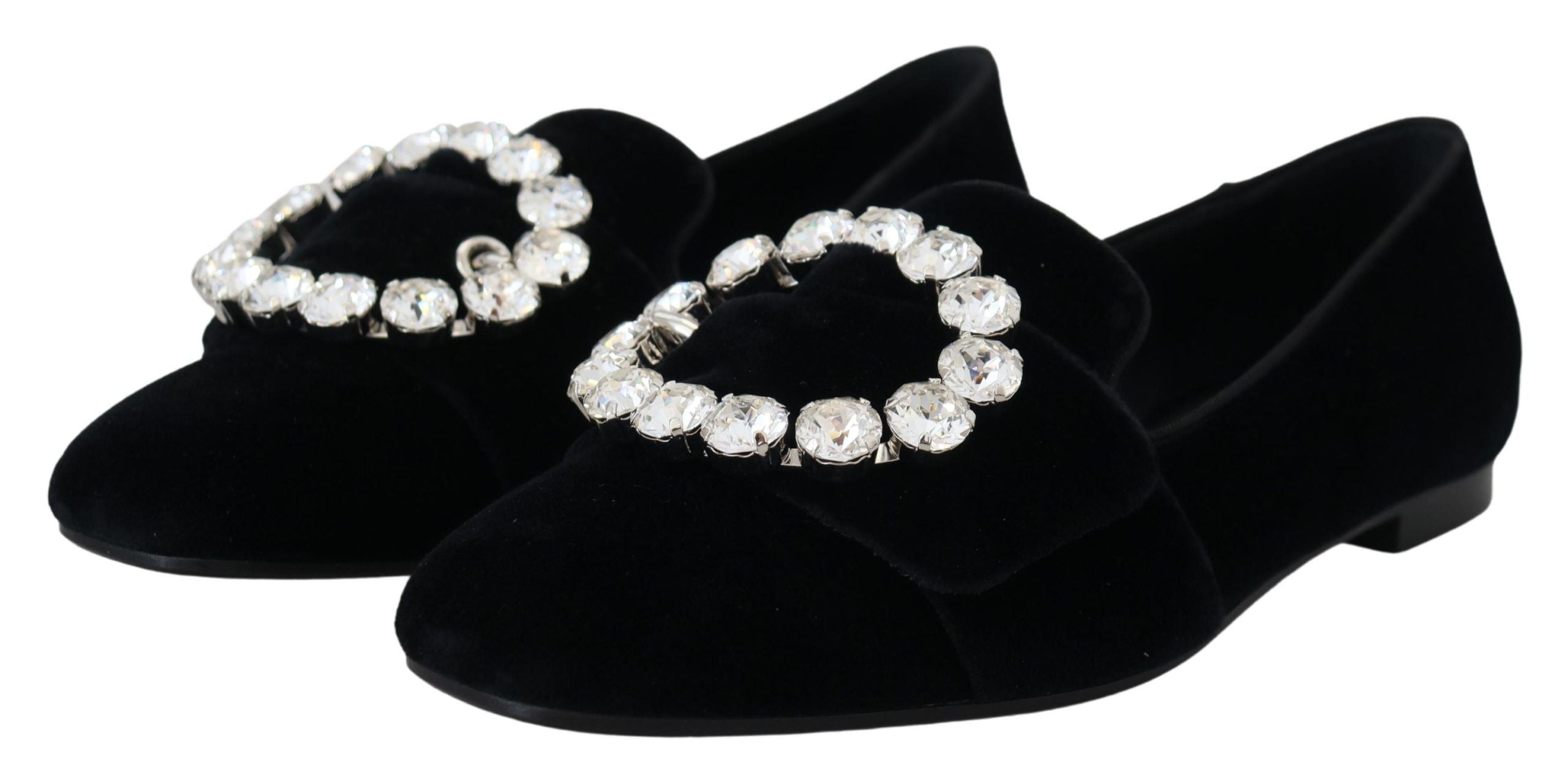 Dolce & Gabbana Black Velvet Crystals Loafers Flats Shoes - Zeiniez