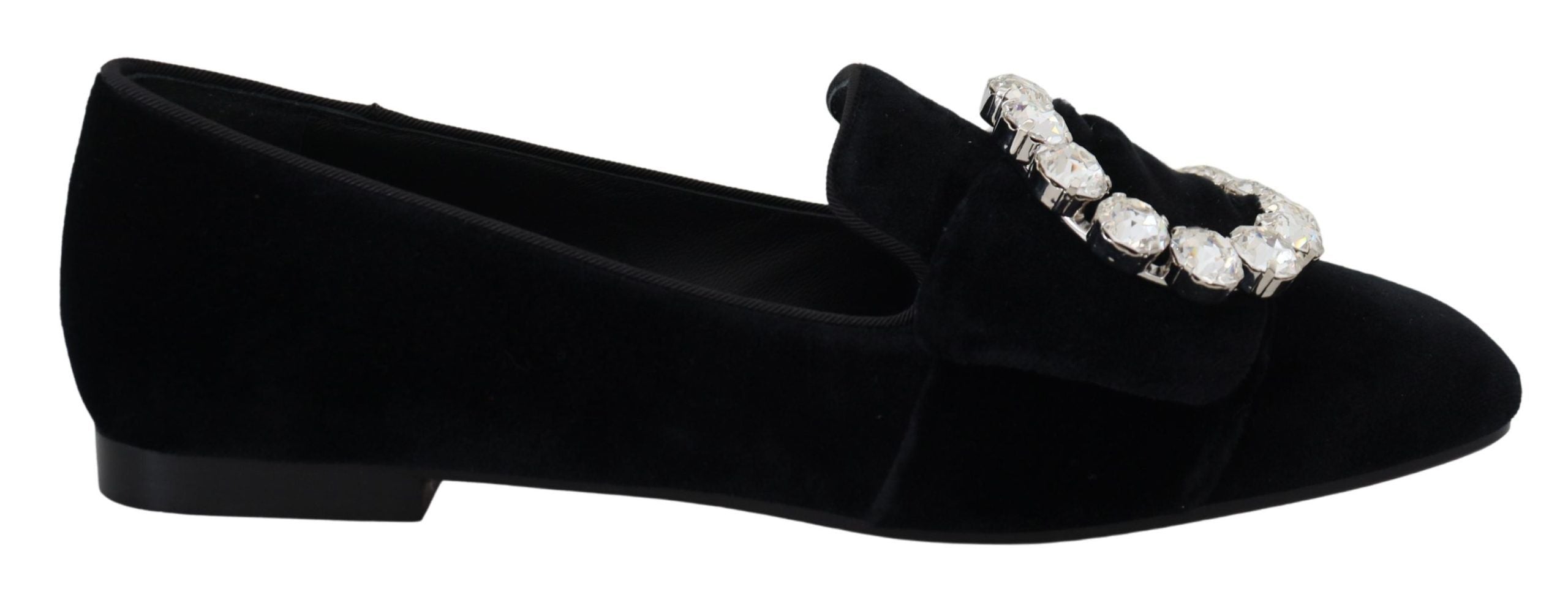 Dolce & Gabbana Black Velvet Crystals Loafers Flats Shoes - Zeiniez