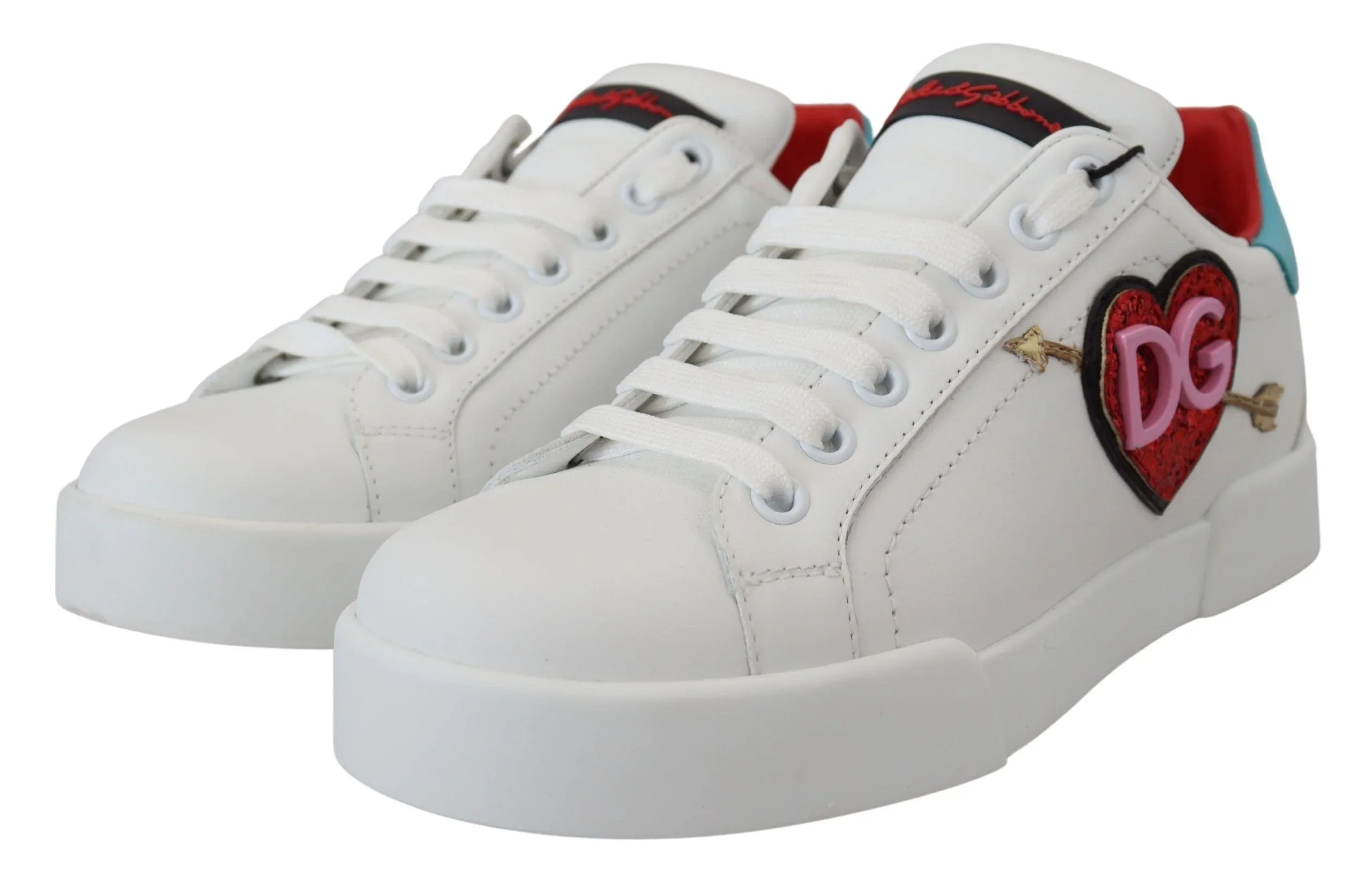 Dolce & Gabbana White Leather Sneaker Portofino Logo Heart Shoes - Zeiniez