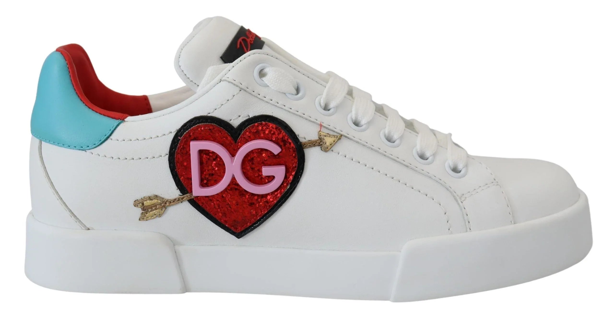 Dolce & Gabbana White Leather Sneaker Portofino Logo Heart Shoes - Zeiniez