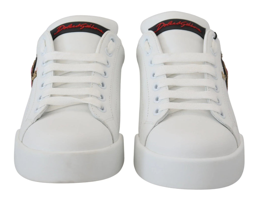 Dolce & Gabbana White Leather Sneaker Portofino Logo Heart Shoes - Zeiniez