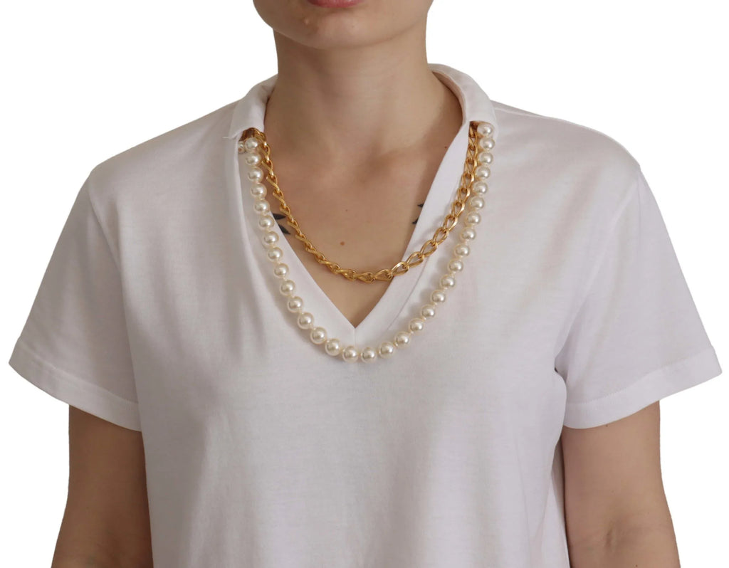 Dolce & Gabbana White Necklace Embellished Neckline T-shirt Top - Zeiniez