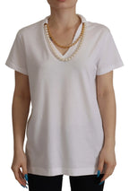 Dolce & Gabbana White Necklace Embellished Neckline T-shirt Top - Zeiniez