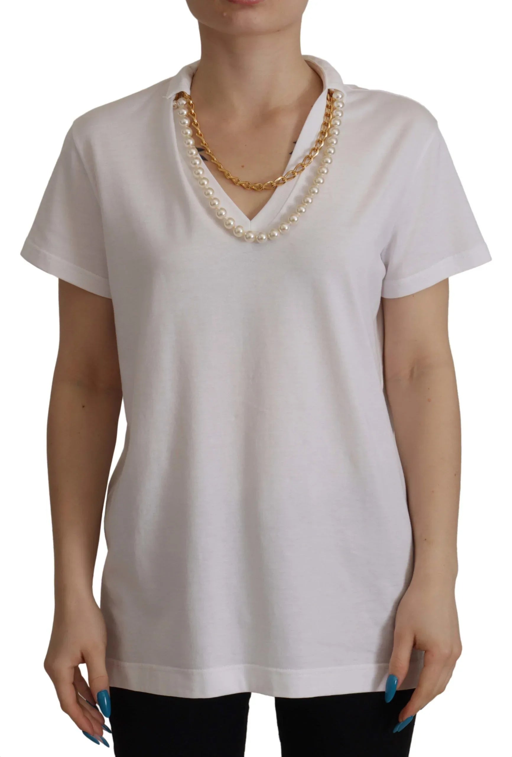 Dolce & Gabbana White Necklace Embellished Neckline T-shirt Top - Zeiniez