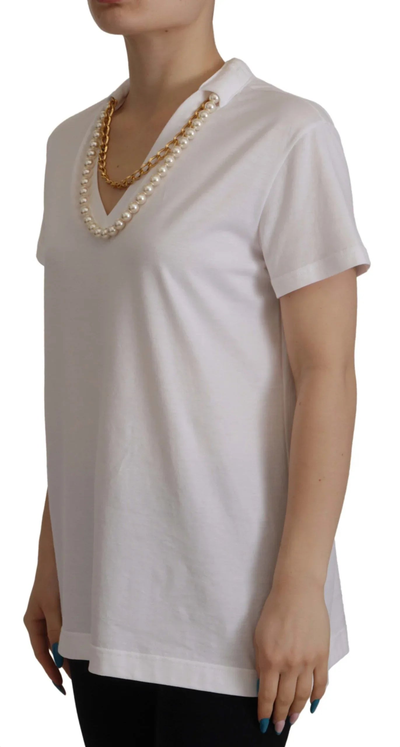 Dolce & Gabbana White Necklace Embellished Neckline T-shirt Top - Zeiniez
