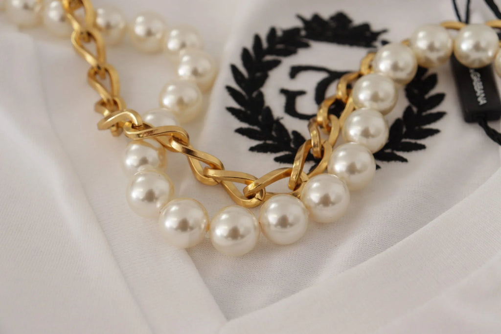 Dolce & Gabbana White Necklace Embellished Neckline T-shirt Top - Zeiniez
