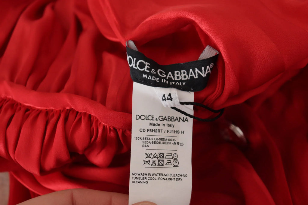 Dolce & Gabbana Red Button Down Belted Midi Satin Silk Dress - Zeiniez