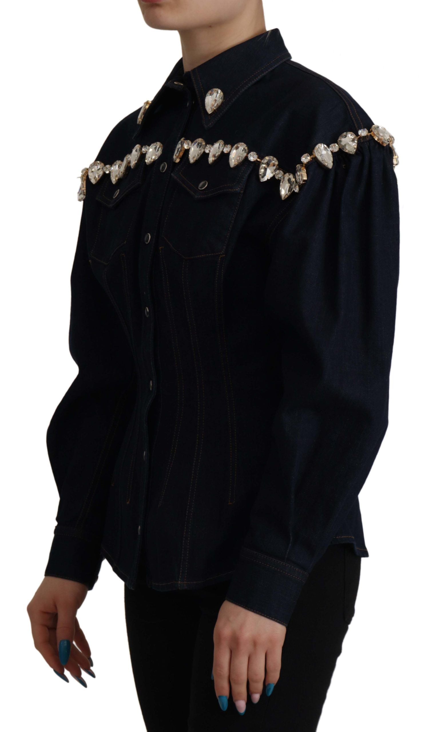 Dolce & Gabbana Blue Denim Crystal Embellish Cotton Jacket - Zeiniez