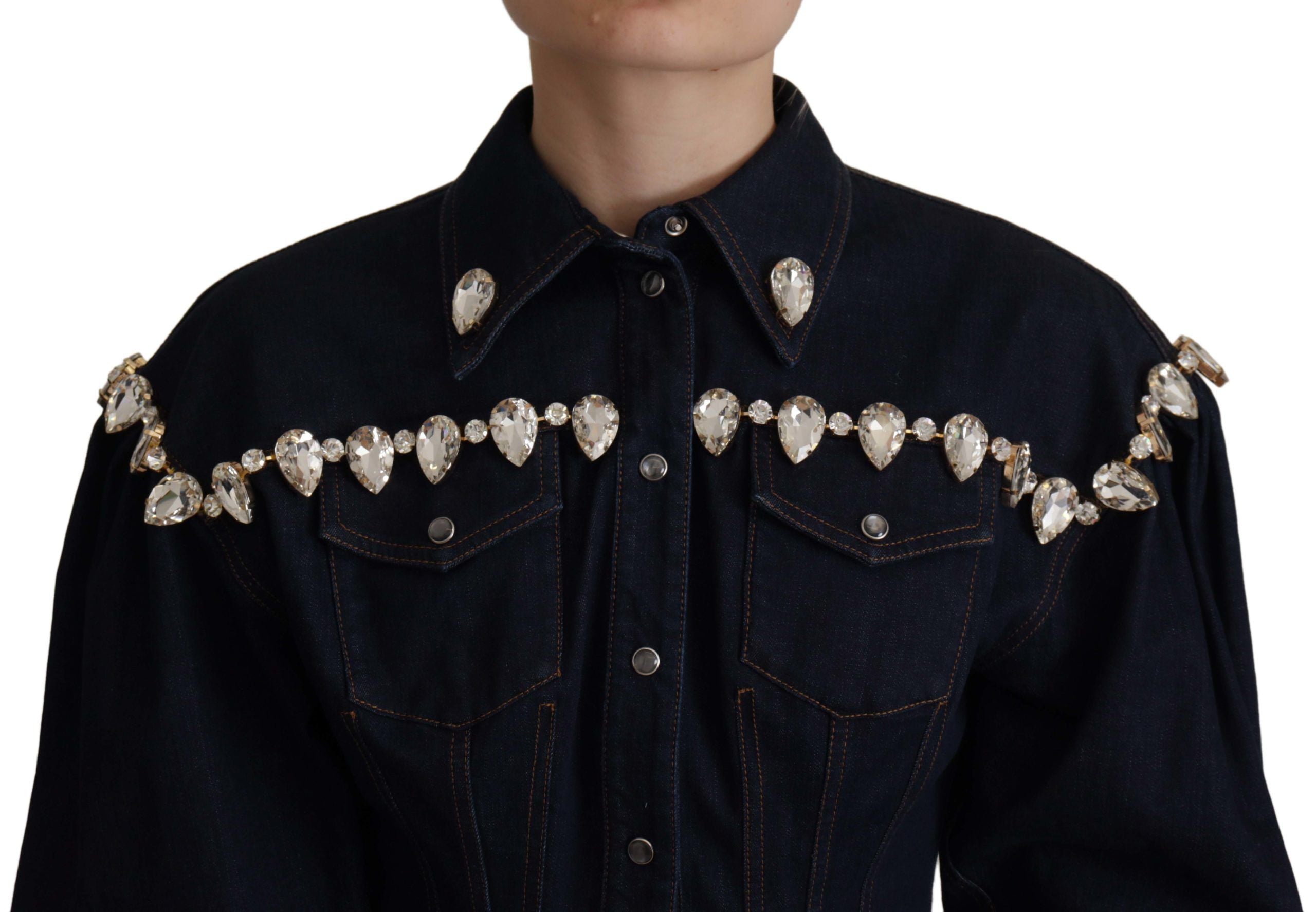 Dolce & Gabbana Blue Denim Crystal Embellish Cotton Jacket - Zeiniez