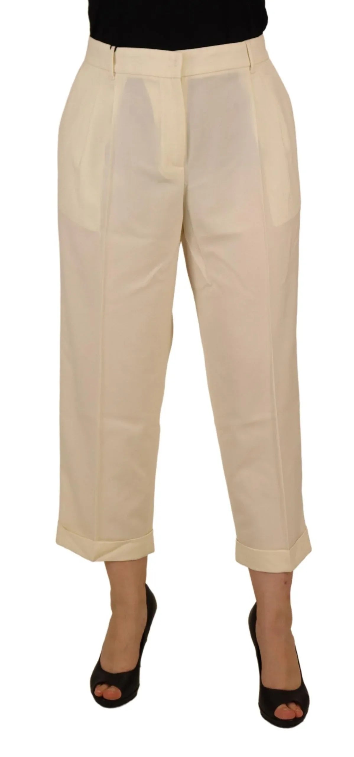 Dolce & Gabbana Ivory High Waist Cropped Folded Hem Trousers Pants - Zeiniez