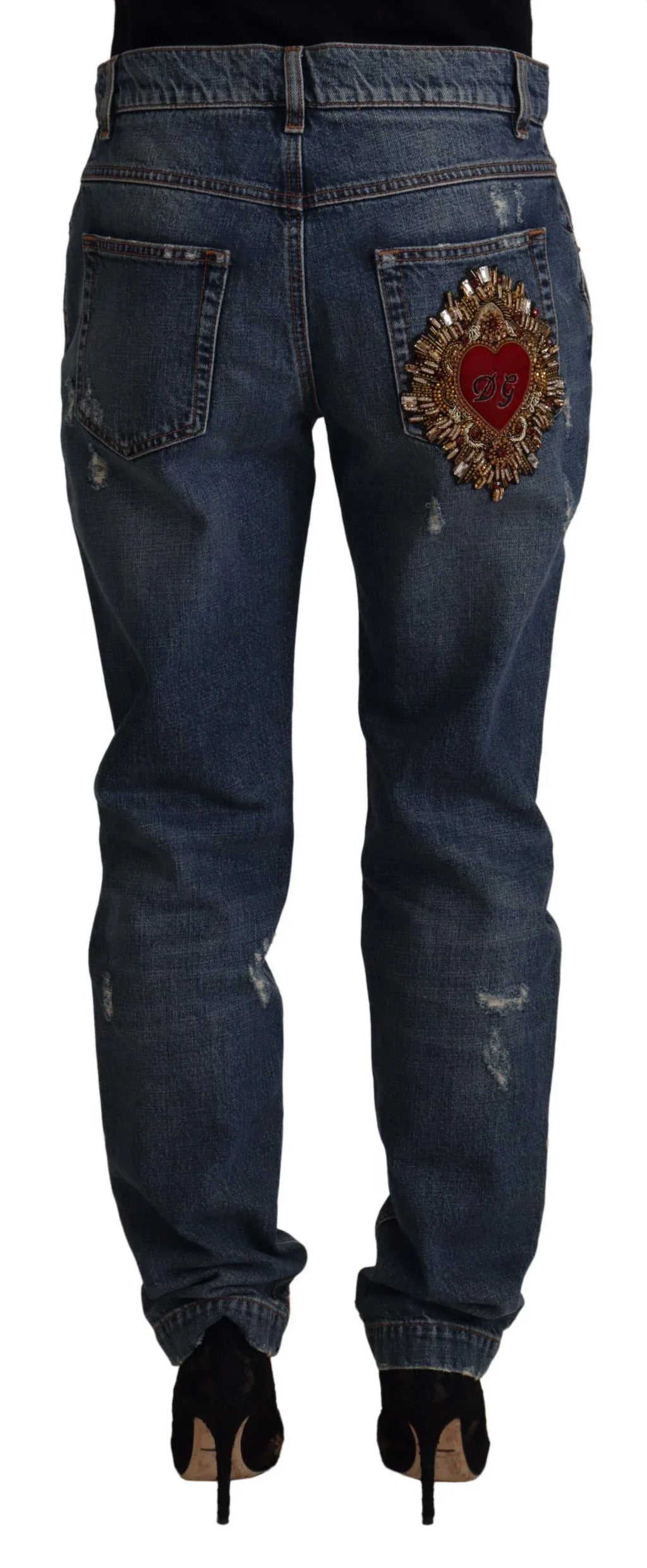 Dolce & Gabbana Blue Denim Baroque Heart Logo Patch Pants Jeans - Zeiniez