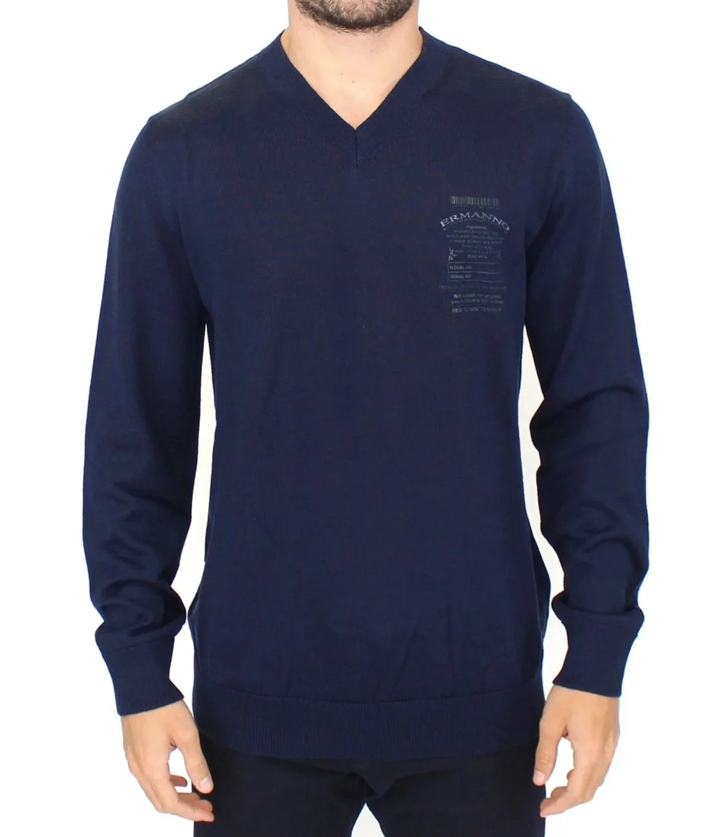 Ermanno Scervino Blue Wool Blend V-neck Pullover Sweater - Zeiniez
