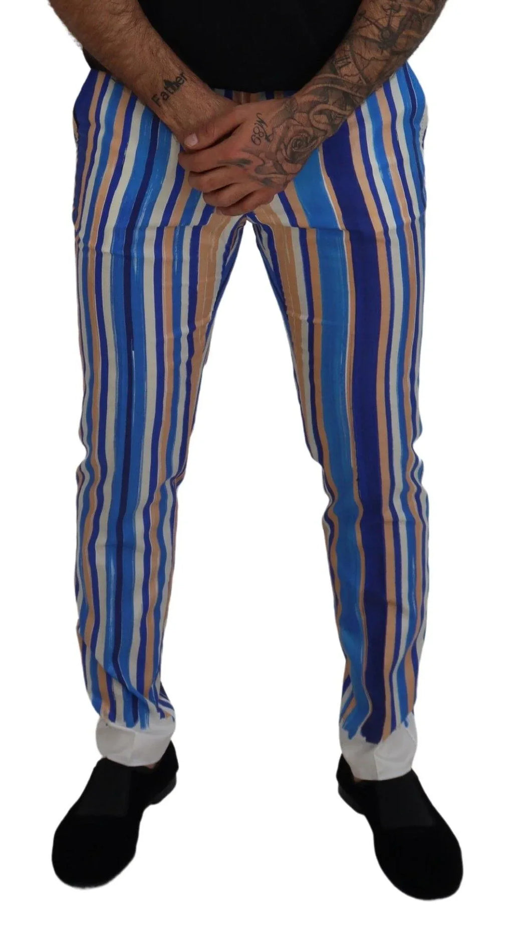 Dolce & Gabbana Blue Striped Silk Cotton Slim Trousers Pants - Zeiniez