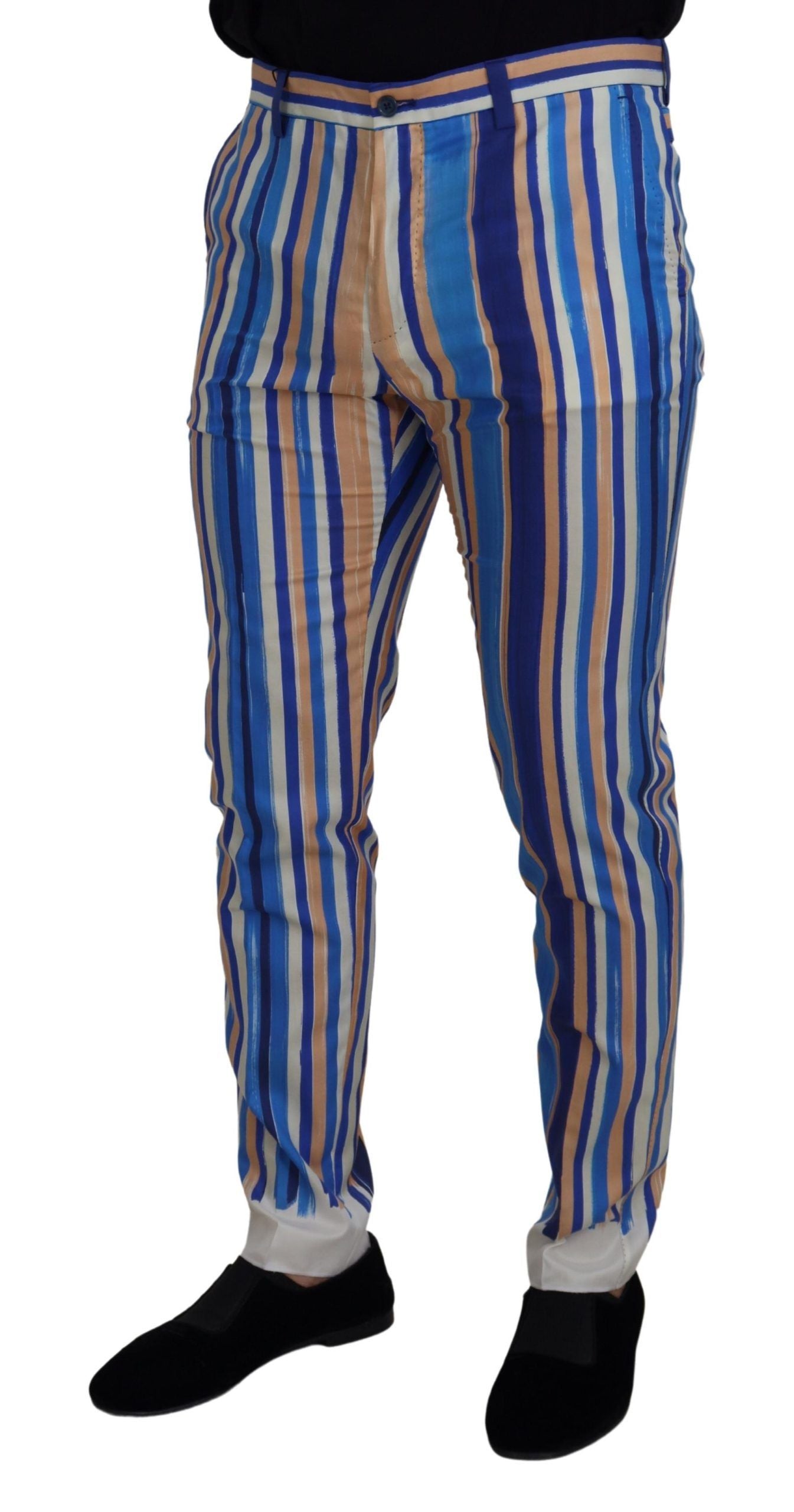 Dolce & Gabbana Blue Striped Silk Cotton Slim Trousers Pants - Zeiniez