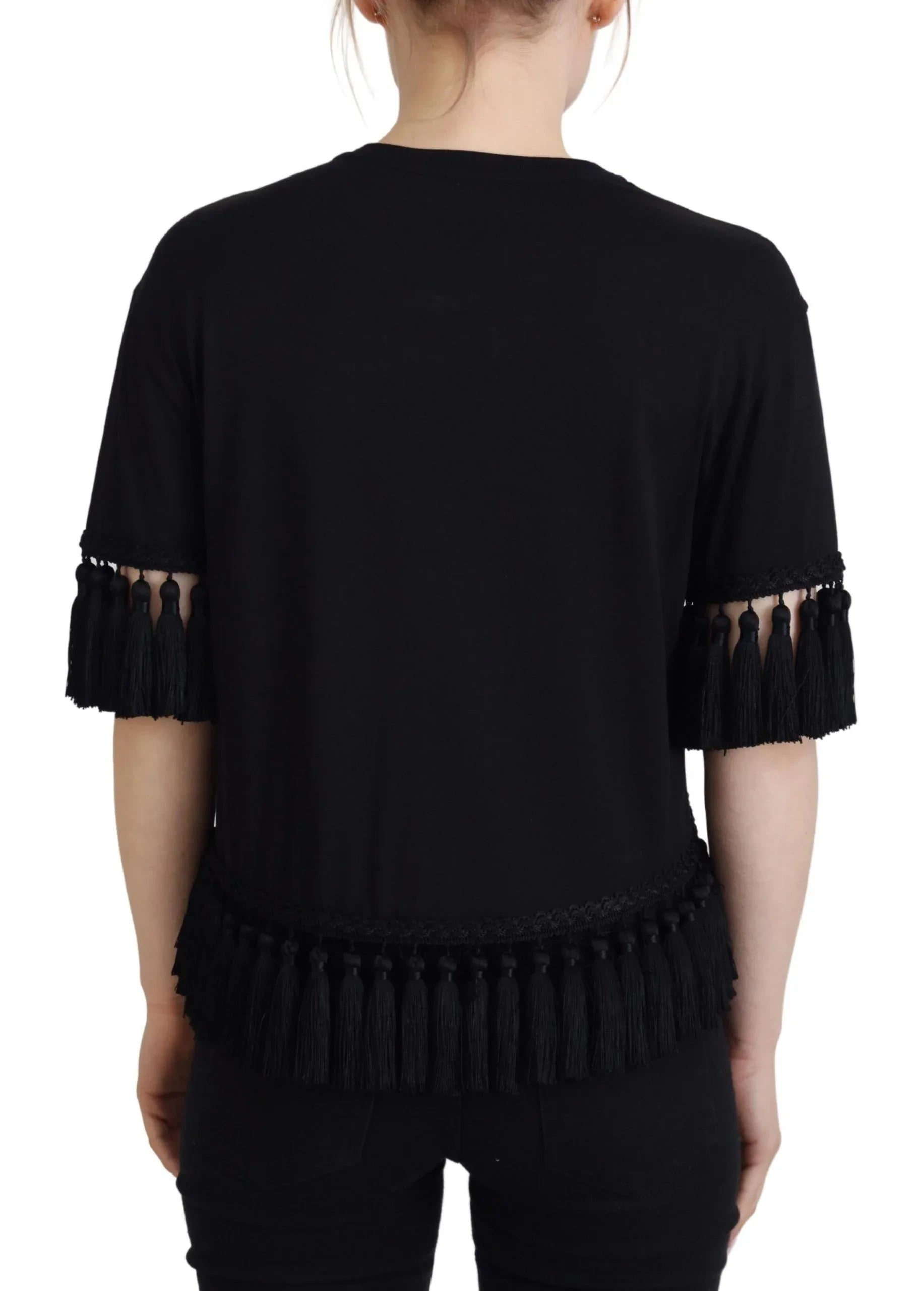 Dolce & Gabbana Black T-shirt Blouse Tassle Cotton Blouse - Zeiniez