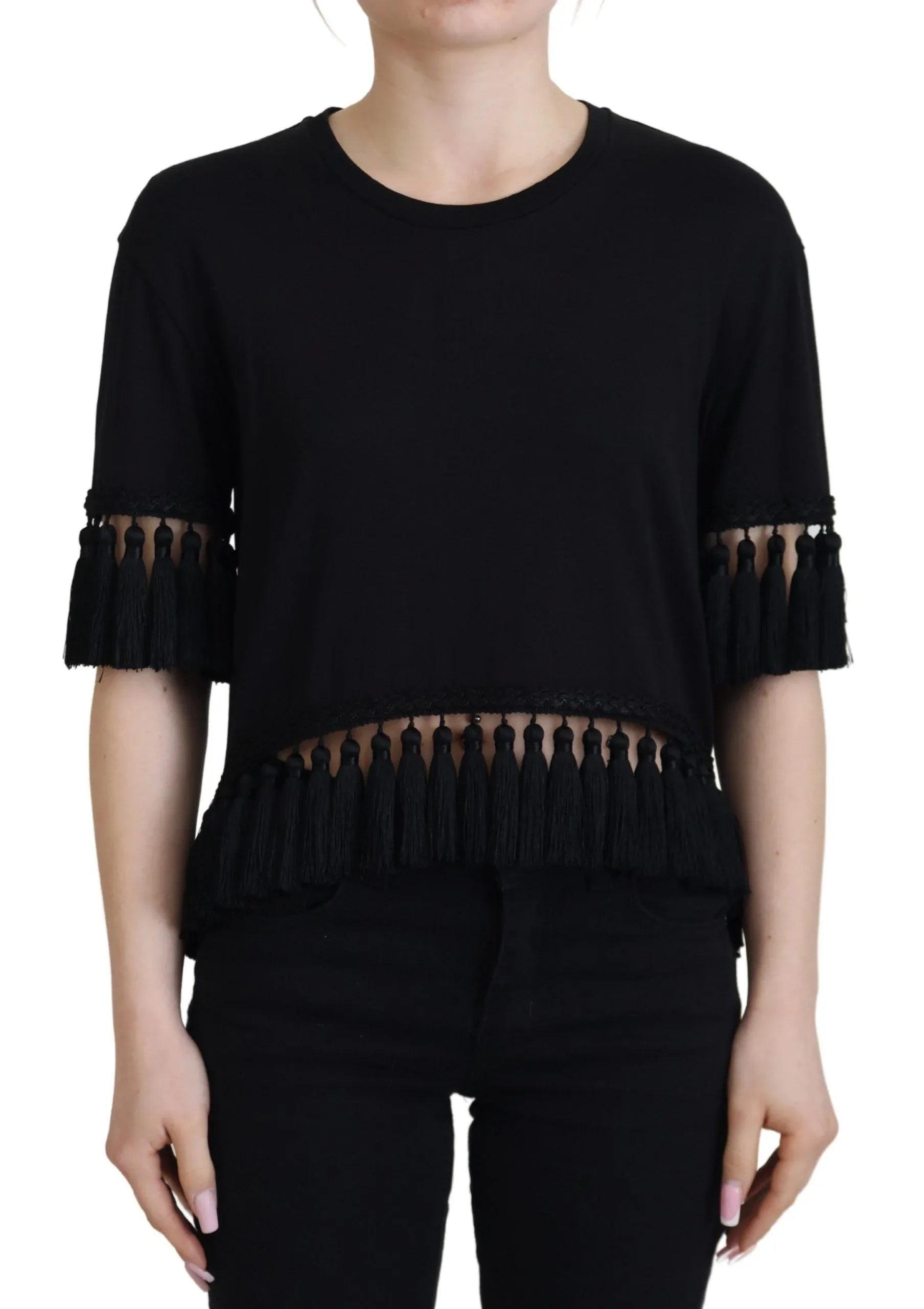 Dolce & Gabbana Black T-shirt Blouse Tassle Cotton Blouse - Zeiniez