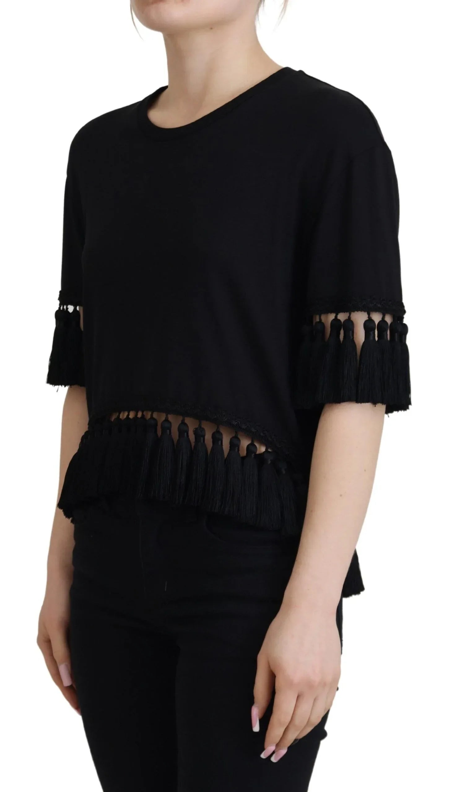 Dolce & Gabbana Black T-shirt Blouse Tassle Cotton Blouse - Zeiniez