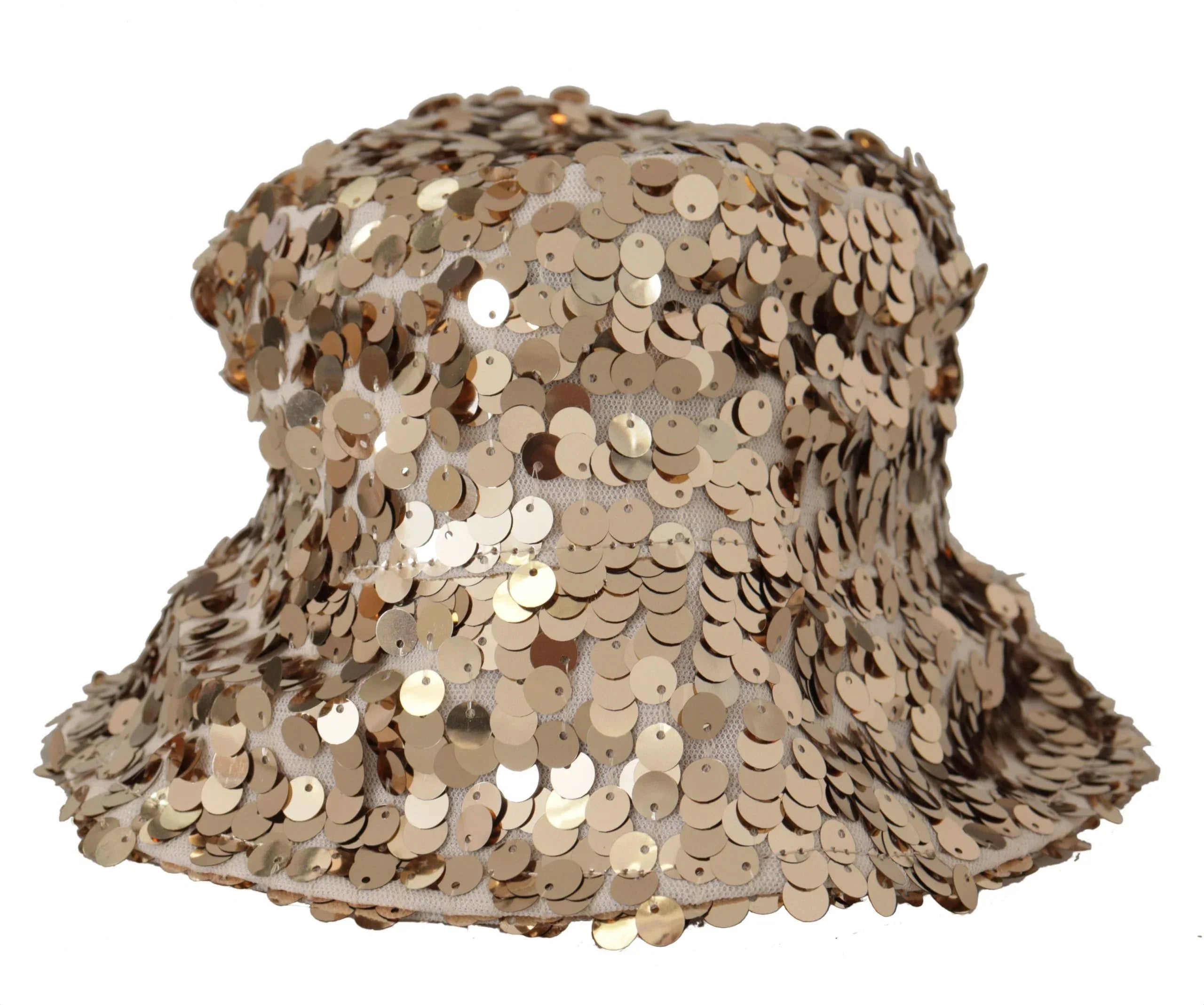 Dolce & Gabbana Gold Silk Sequin Embellished Designer Brim Bucket Hat - Zeiniez
