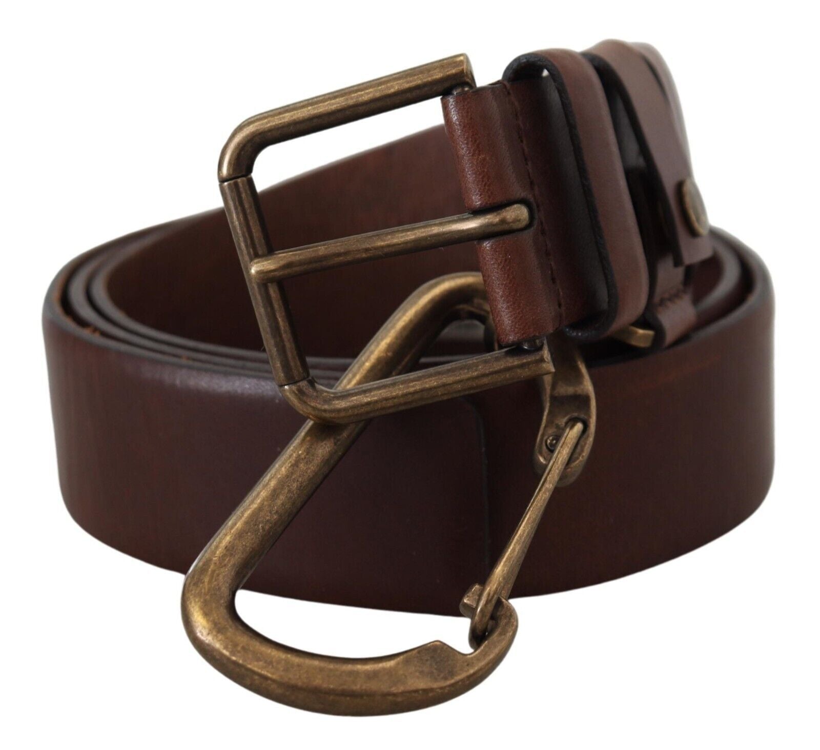 Dolce & Gabbana Brown Leather Gold Metal Buckle Carabiner Belt - Zeiniez