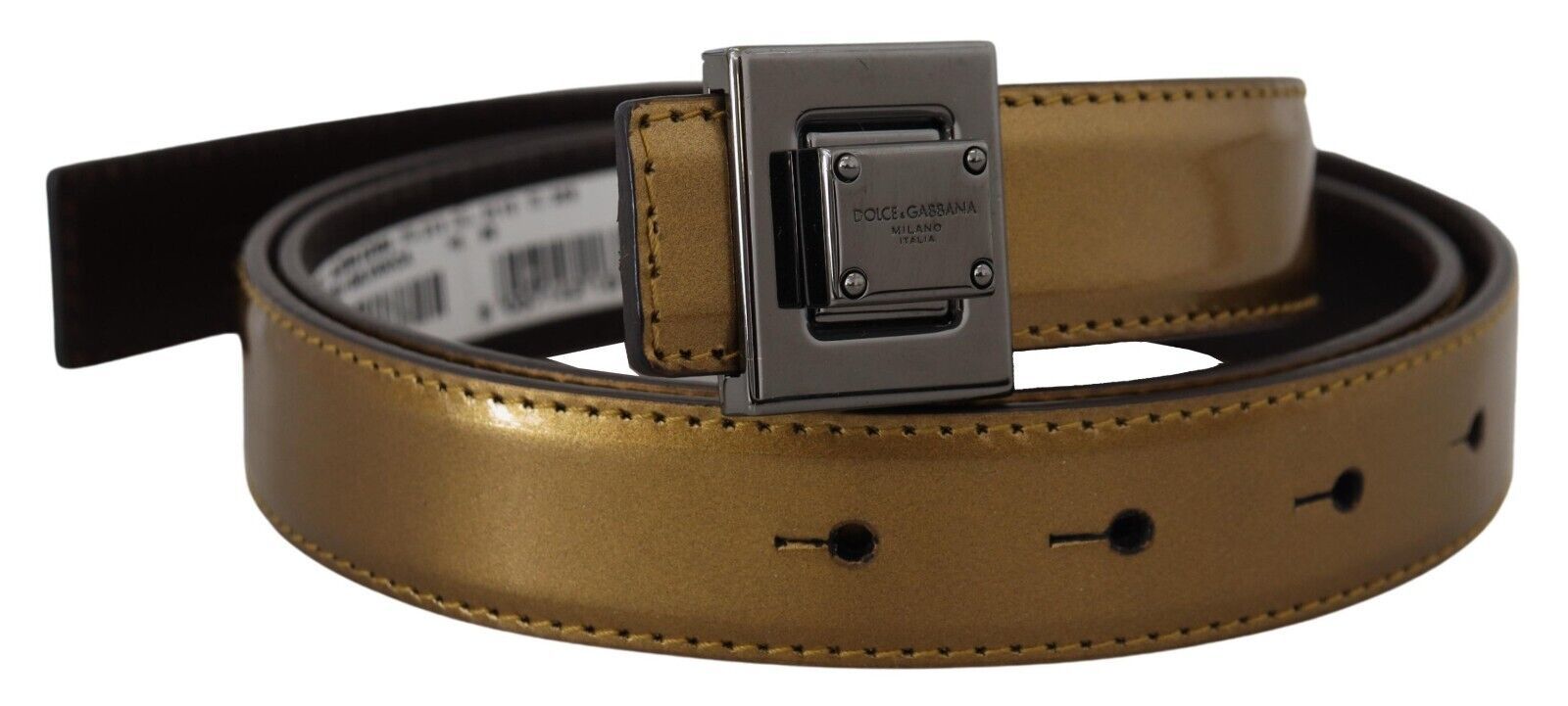 Dolce & Gabbana Gold Leather Silver Square Metal Buckle Belt - Zeiniez