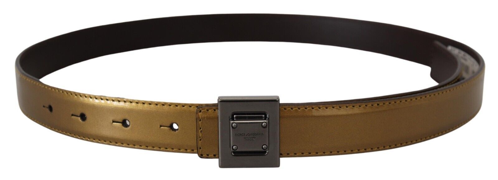 Dolce & Gabbana Gold Leather Silver Square Metal Buckle Belt - Zeiniez
