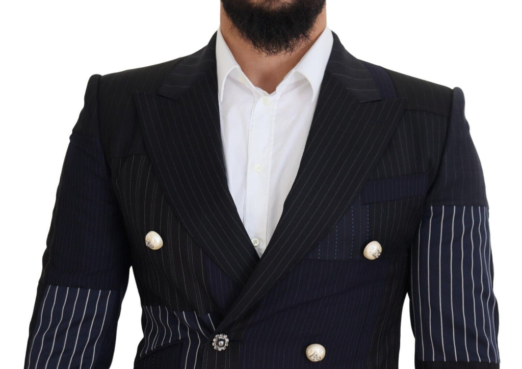 Dolce & Gabbana Blue Wool Patchwork Double Breasted Blazer - Zeiniez