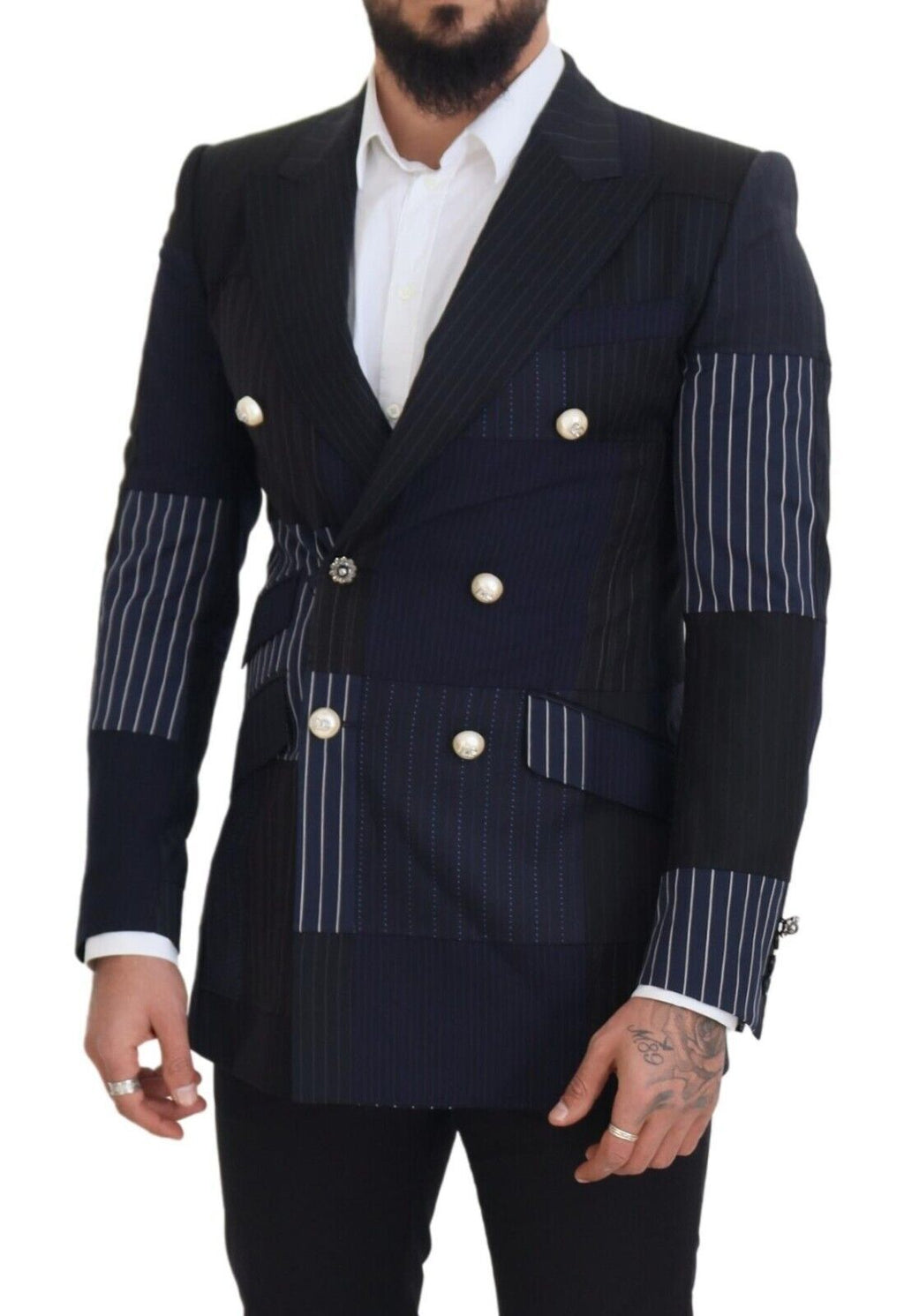 Dolce & Gabbana Blue Wool Patchwork Double Breasted Blazer - Zeiniez