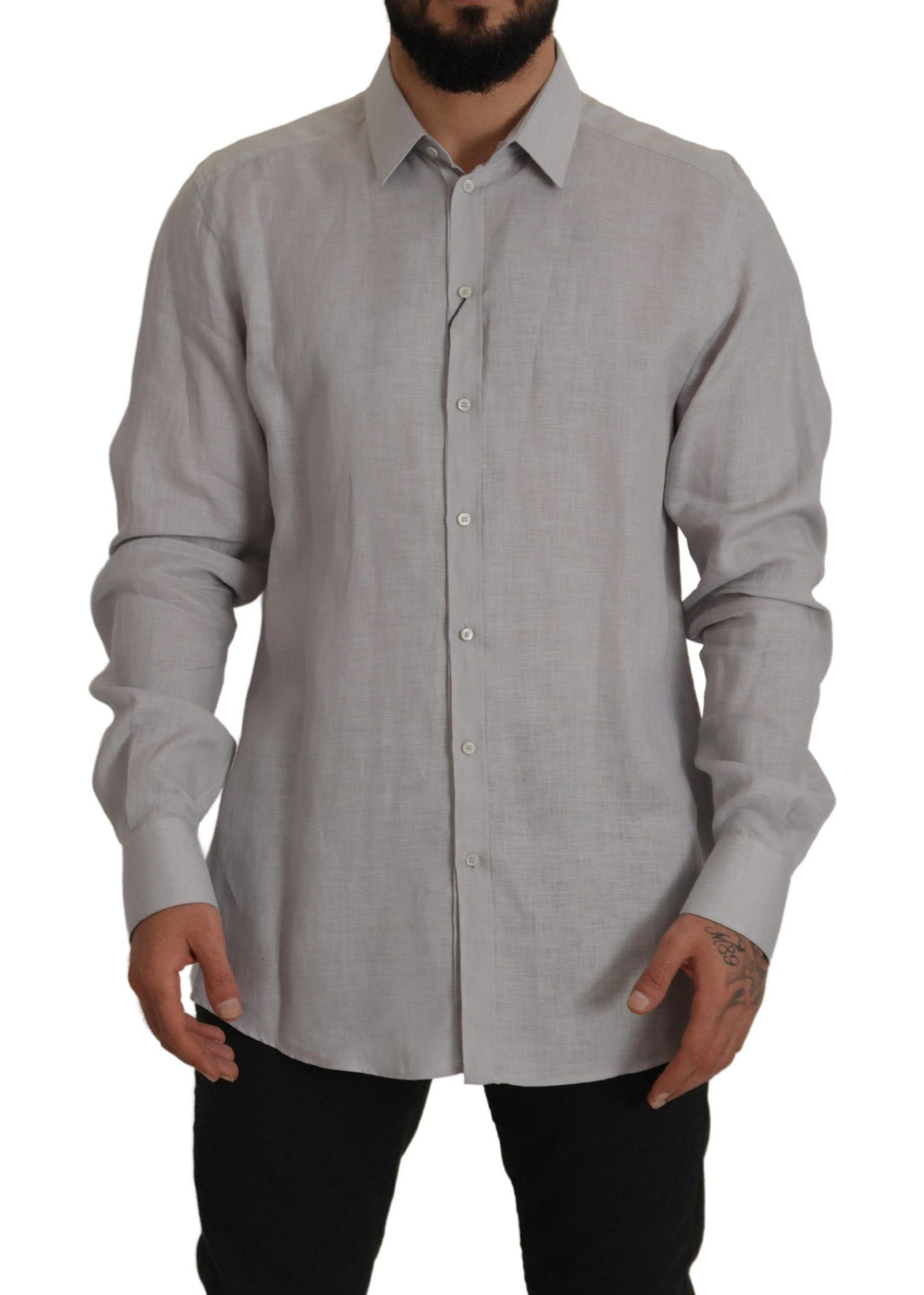 Dolce & Gabbana Gray Linen Long Sleeves Formal GOLD Shirt - Zeiniez
