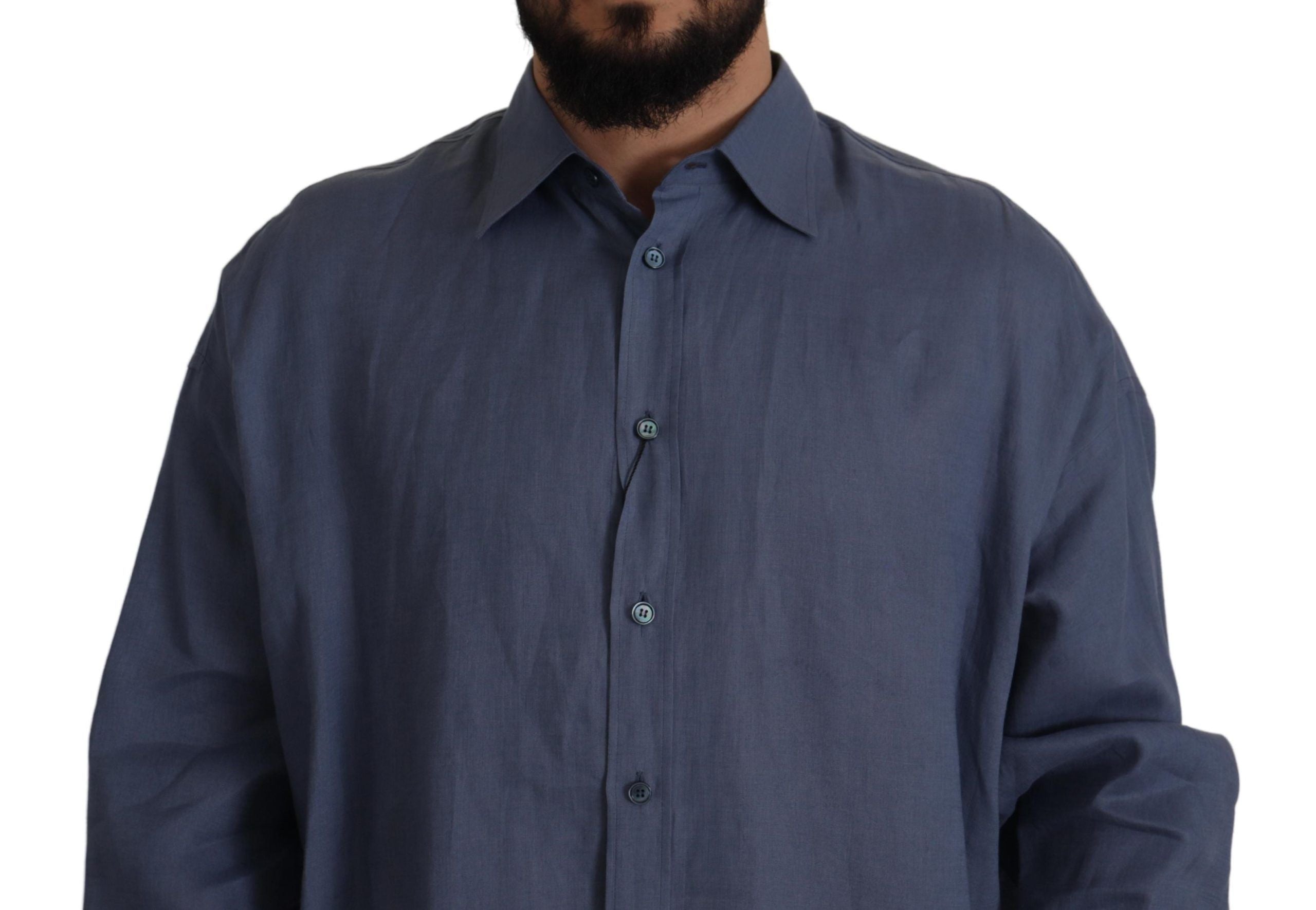 Dolce & Gabbana Dark Blue Linen Slim Fit Dress Formal Men Shirt - Zeiniez