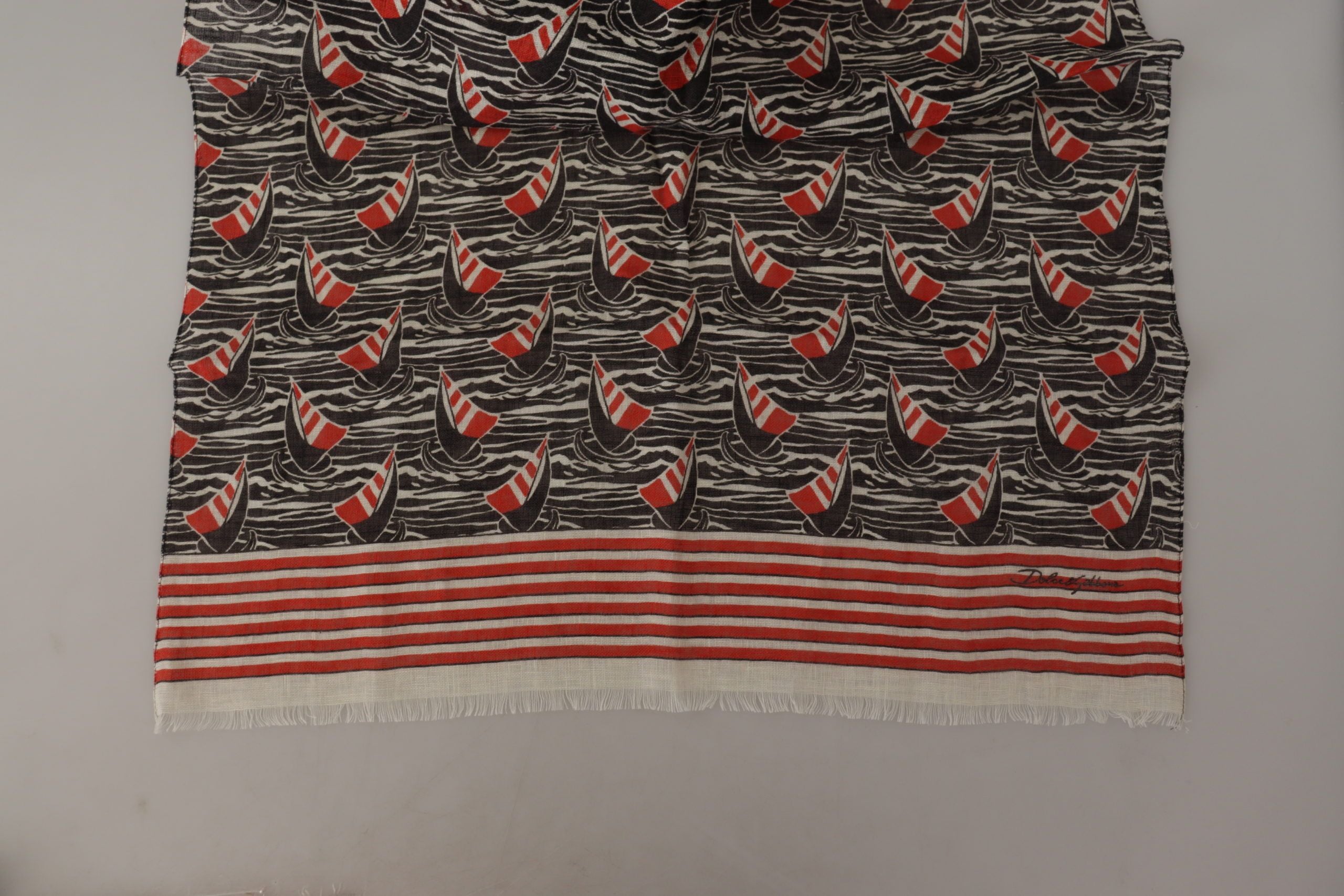 Dolce & Gabbana Black Red Linen Sailboat Stripe Print Shawl Scarf - Zeiniez