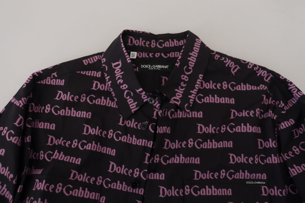 Dolce & Gabbana Black Purple Logo Slim Dress Formal Shirt - Zeiniez