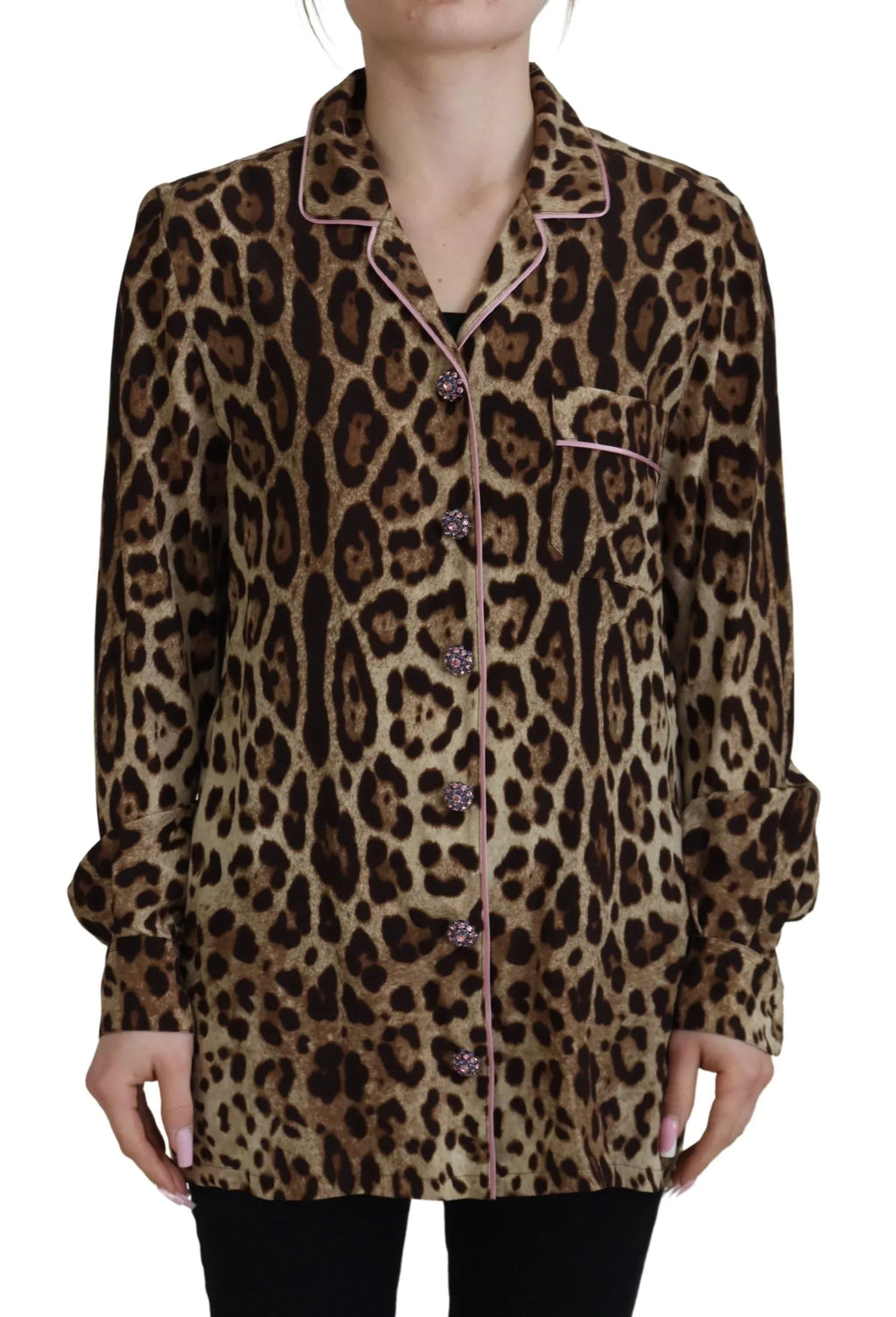 Dolce & Gabbana Brown Leopard Print Long Sleeves Blouse Top - Zeiniez