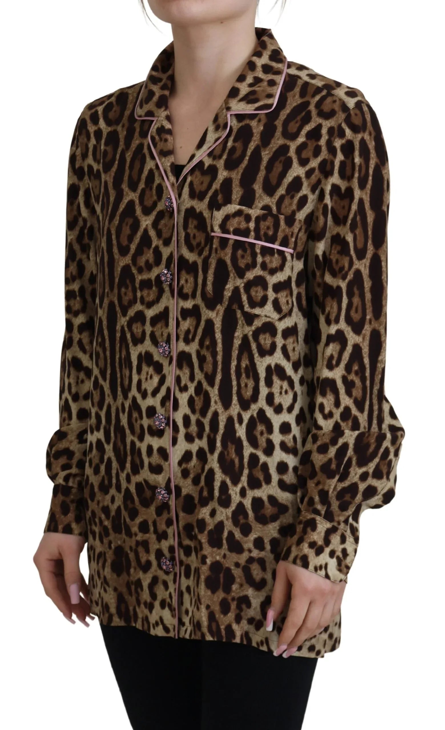 Dolce & Gabbana Brown Leopard Print Long Sleeves Blouse Top - Zeiniez