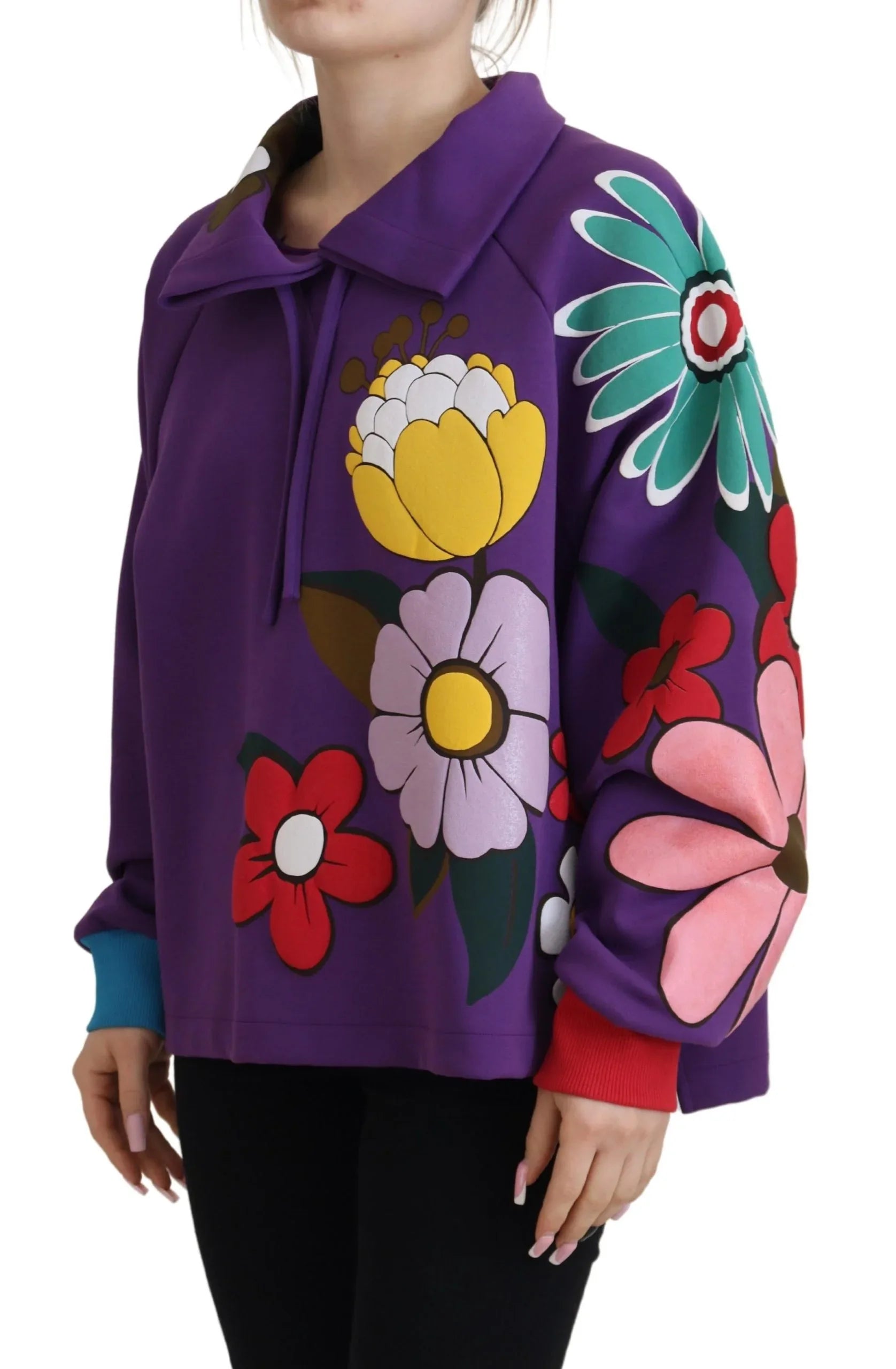 Dolce & Gabbana Purple Floral Print Pullover Cotton Sweater - Zeiniez