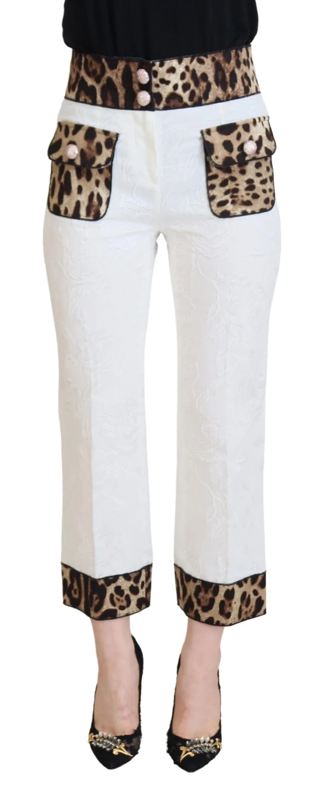 Dolce & Gabbana White Leopard Print High Waist Pants - Zeiniez
