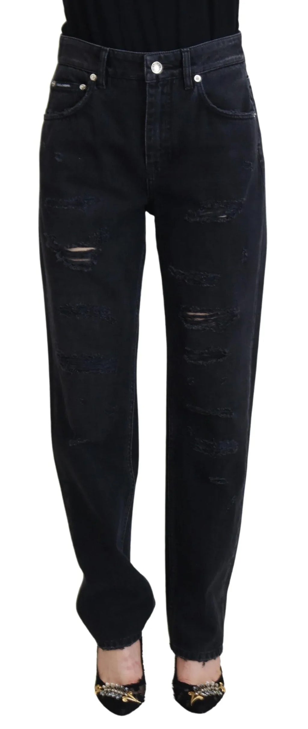 Dolce & Gabbana Black Cotton Tattered High Waist Denim Jeans - Zeiniez