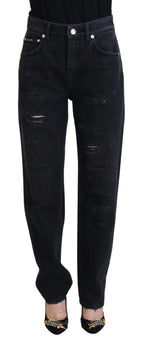 Dolce & Gabbana Black Cotton Tattered High Waist Denim Jeans - Zeiniez