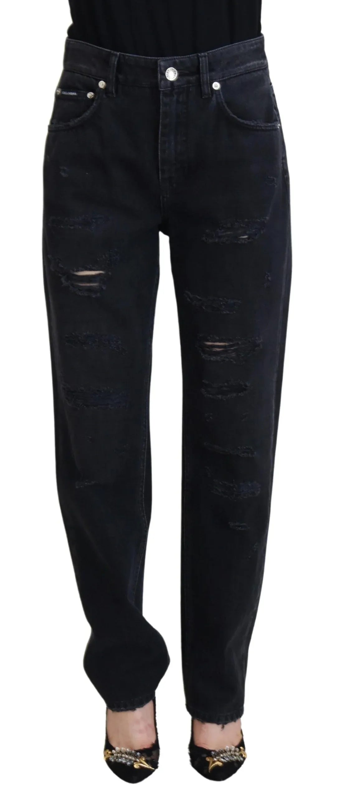 Dolce & Gabbana Black Cotton Tattered High Waist Denim Jeans - Zeiniez