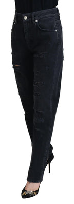 Dolce & Gabbana Black Cotton Tattered High Waist Denim Jeans - Zeiniez