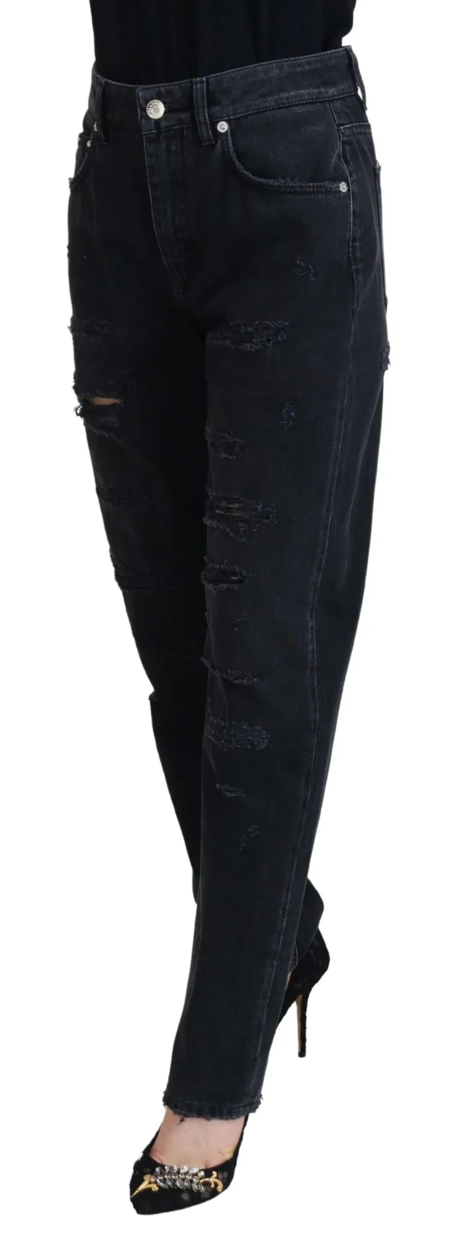 Dolce & Gabbana Black Cotton Tattered High Waist Denim Jeans - Zeiniez