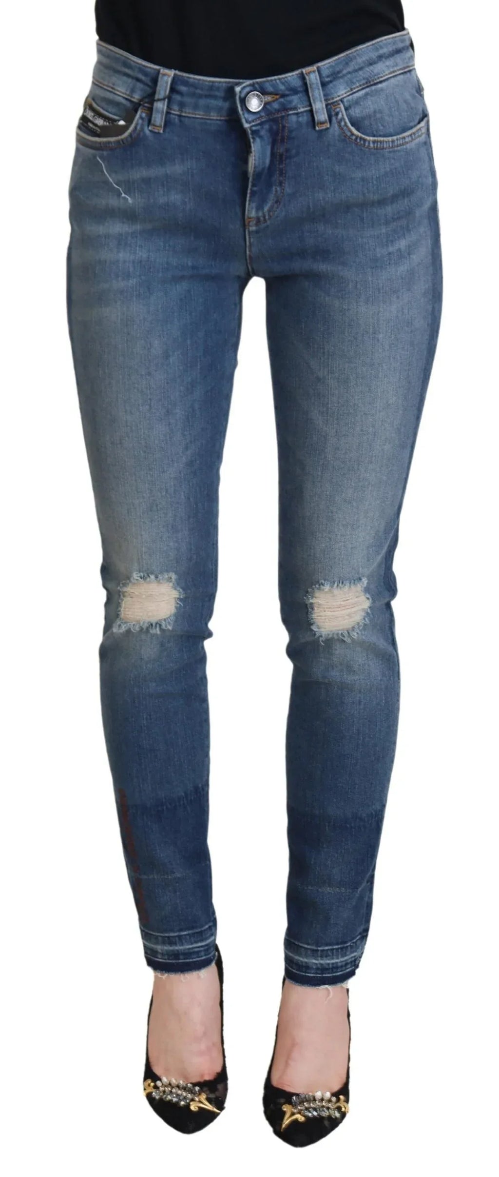 Dolce & Gabbana Blue Washed Cotton Tattered Denim Jeans - Zeiniez