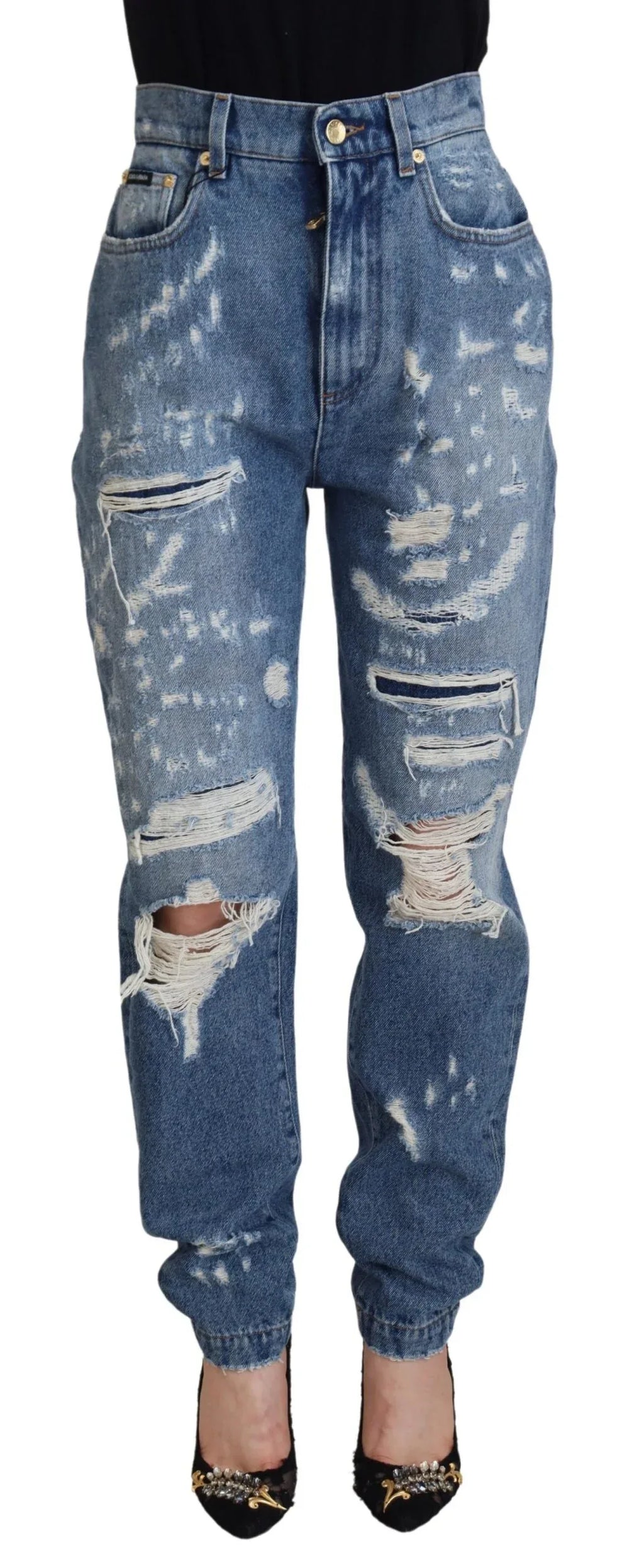 Dolce & Gabbana Blue Washed Cotton Tattered Denim Jeans - Zeiniez