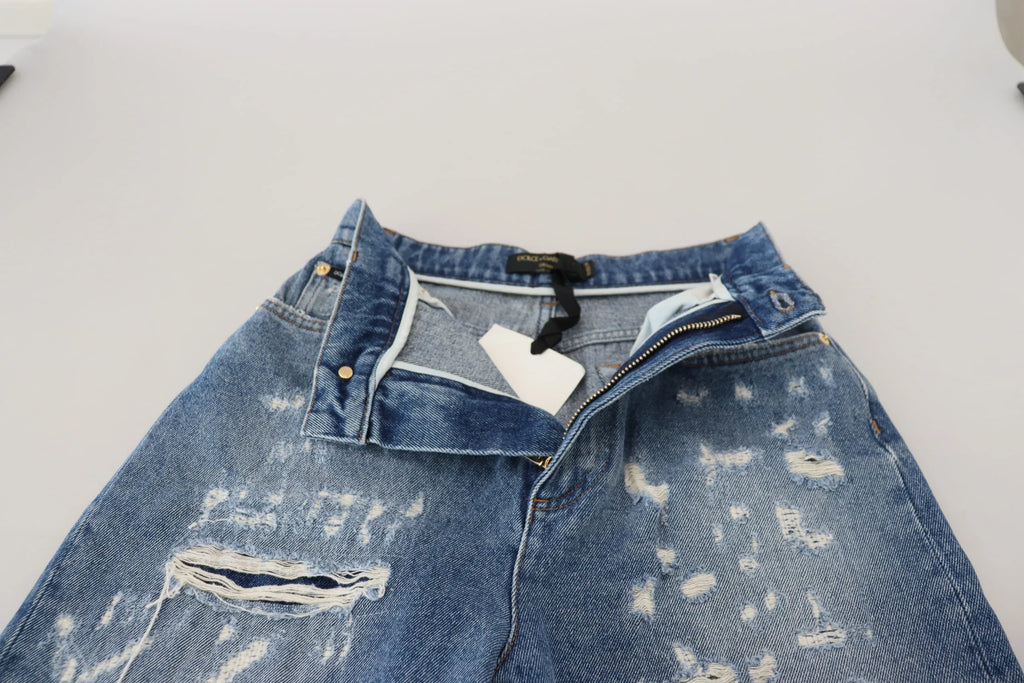 Dolce & Gabbana Blue Washed Cotton Tattered Denim Jeans - Zeiniez