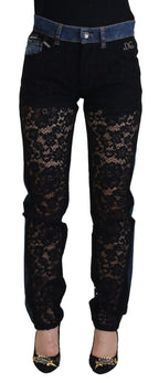 Dolce & Gabbana Black Floral Lace Front Skinny Denim Jeans - Zeiniez