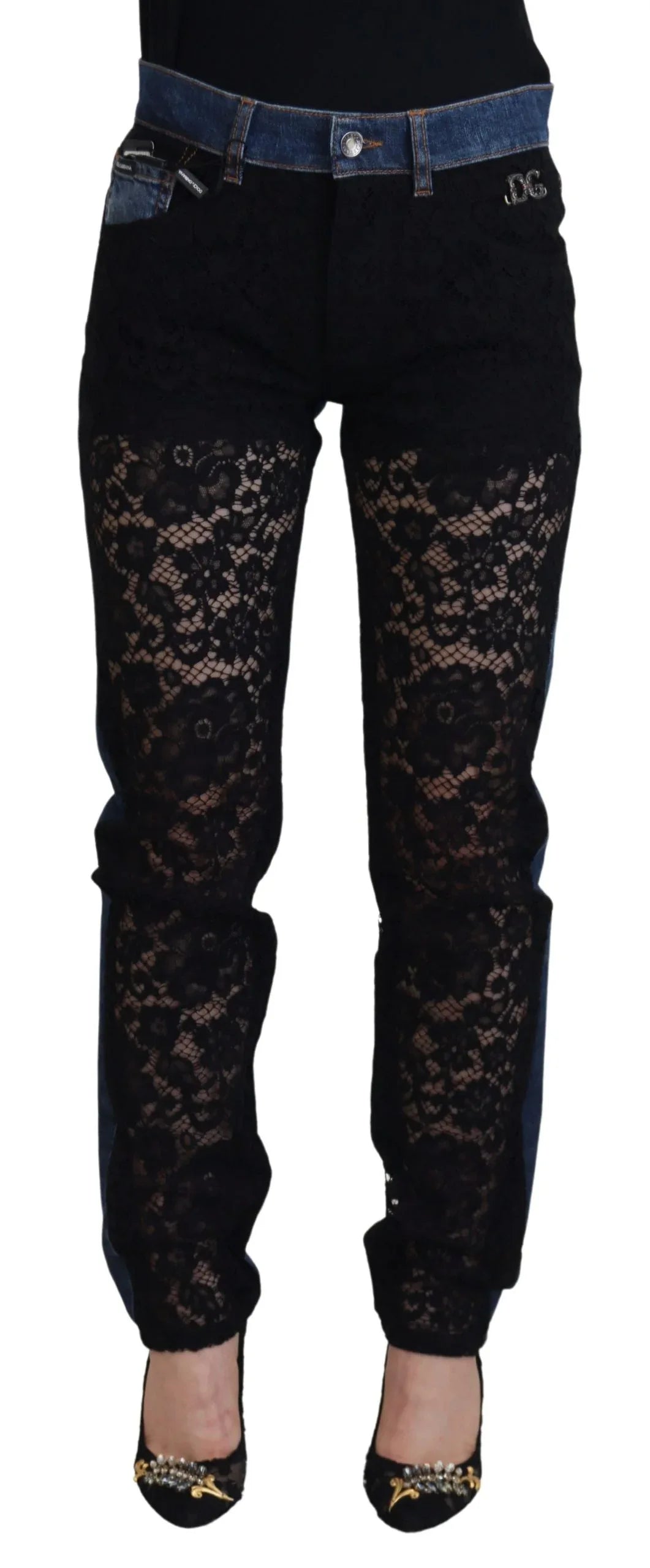 Dolce & Gabbana Black Floral Lace Front Skinny Denim Jeans - Zeiniez