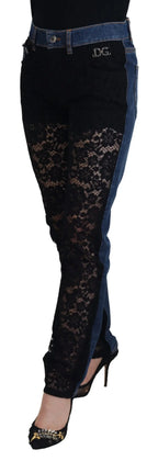 Dolce & Gabbana Black Floral Lace Front Skinny Denim Jeans - Zeiniez