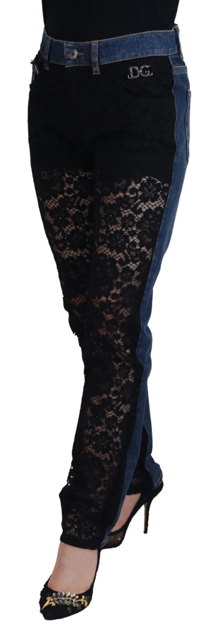 Dolce & Gabbana Black Floral Lace Front Skinny Denim Jeans - Zeiniez